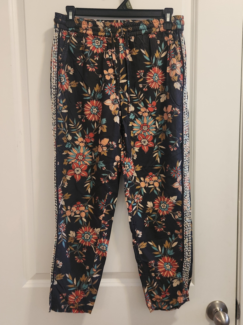 Anthropologie Navy Floral Side-Stripe Jogger Pants